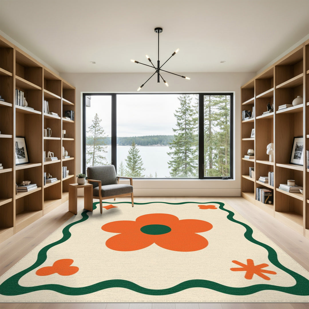 Beige Orange Daisy Floral Area Rug