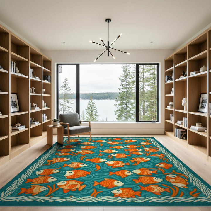 Orange Fish School Teal Coastal Area Rug