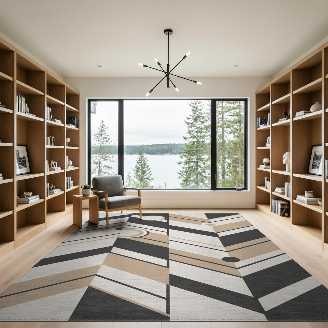Beige Black Geometric Chevron Area Rug