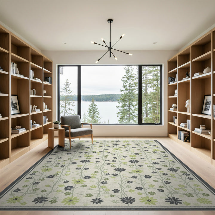 Green Floral Vine Cream Area Rug