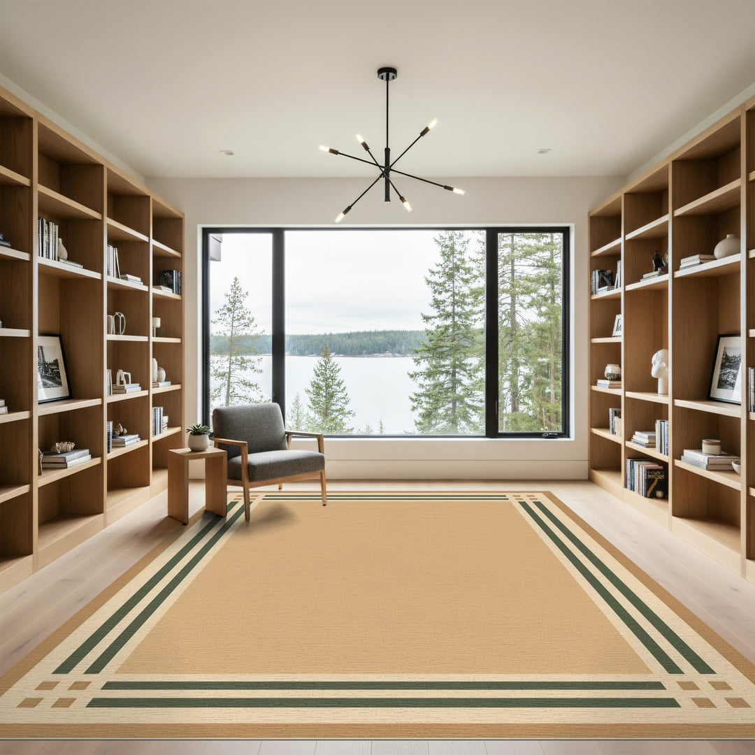 Beige and Neutral Tan Geometric Border Area Rug