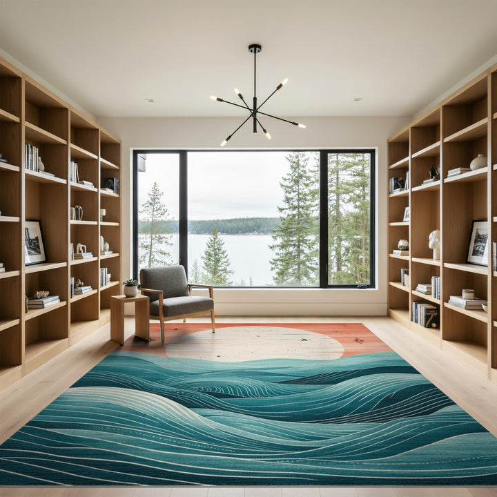Teal Coastal Sunset Wave Area Rug