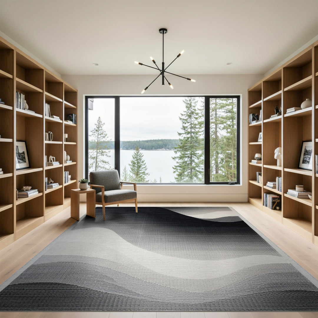 Black White Abstract Wave Area Rug
