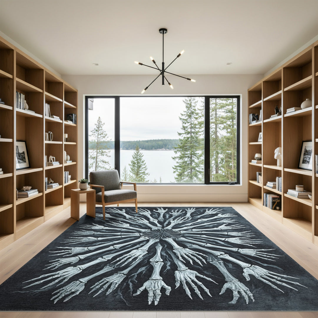 Black White Skeletal Hands Mandala Area Rug