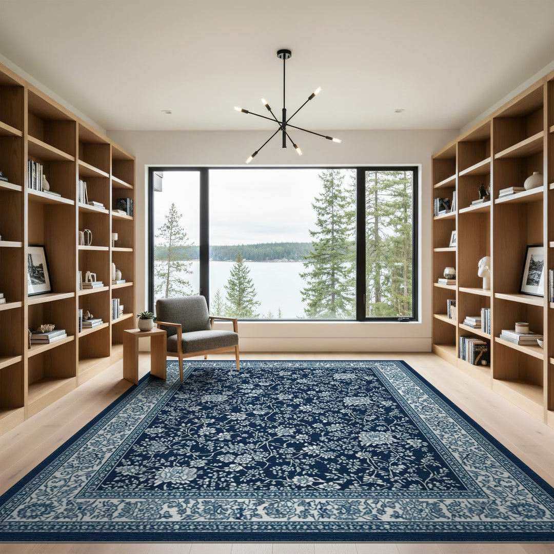 Navy Blue Floral Vintage Area Rug