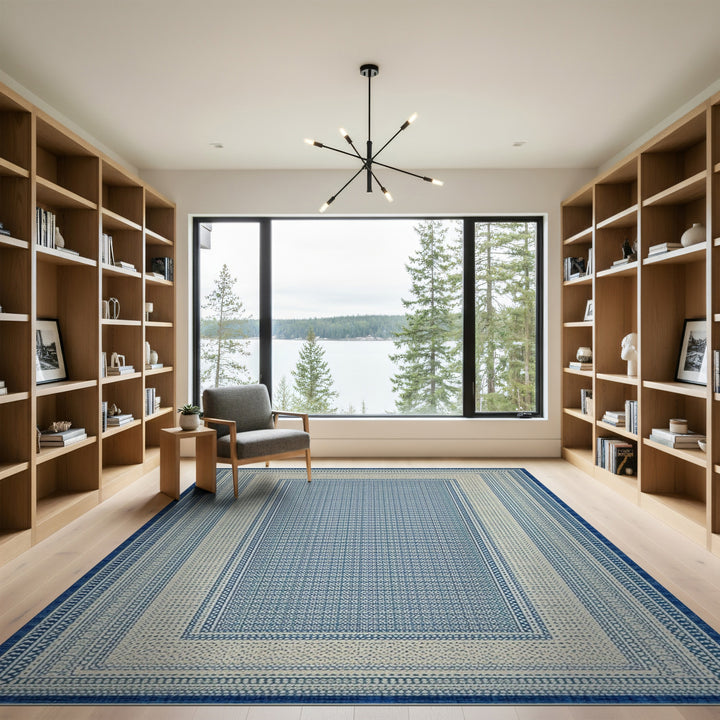 Blue Geometric Bordered Area Rug