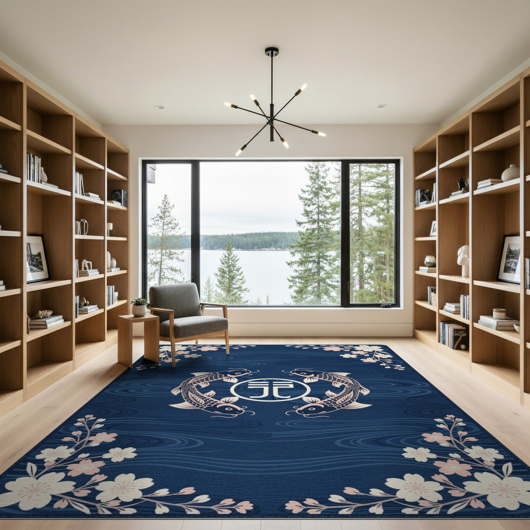 Blue Koi Fish Sakura Washable Area Rug