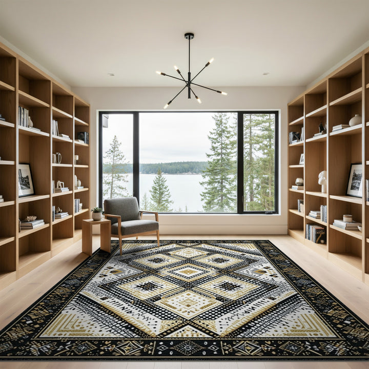 Black and White Black Gold Geometric Diamond Area Rug