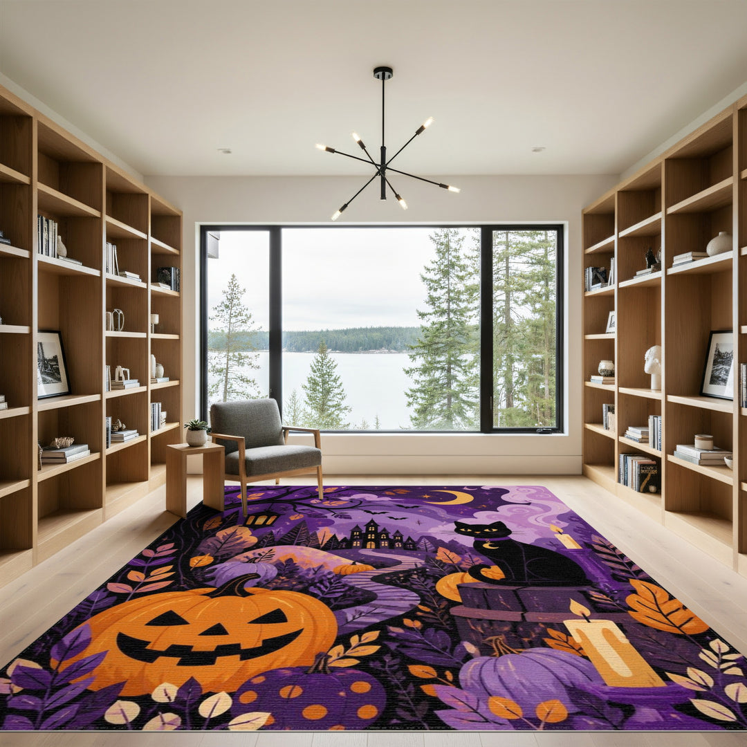 Enchanted Purple Black Cat Pumpkin Area Rug