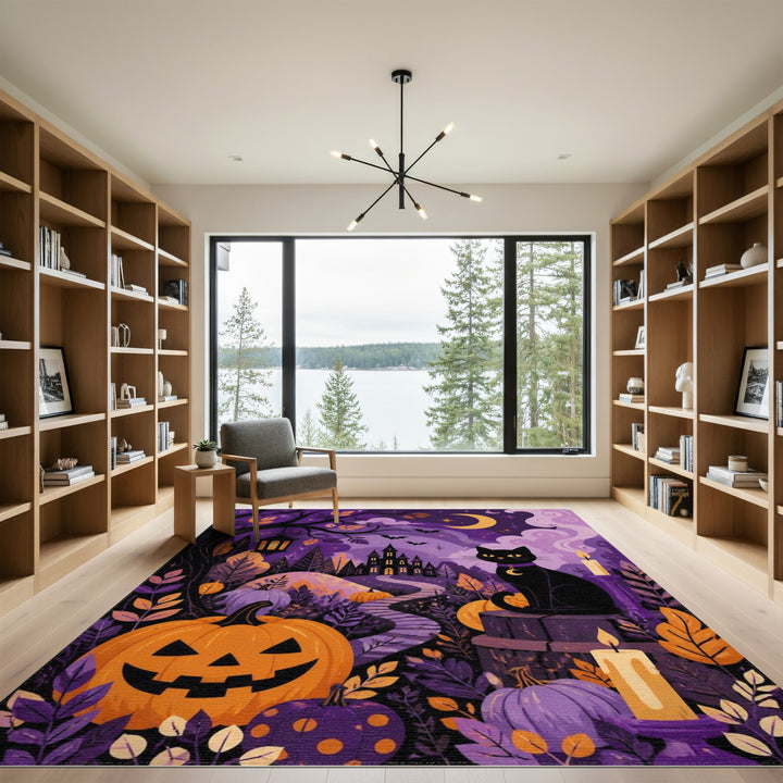 Enchanted Purple Black Cat Pumpkin Area Rug