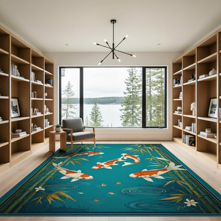 Teal Koi Fish Bamboo Pond Area Rug
