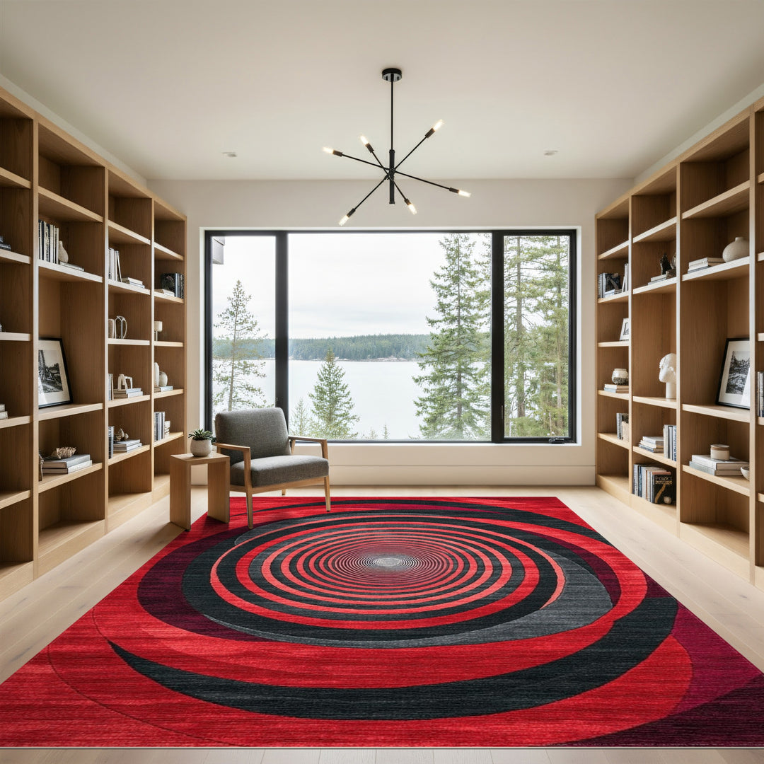 Red Black Concentric Spiral Area Rug
