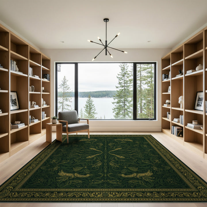 Green Floral Vintage Area Rug with Gold Hares