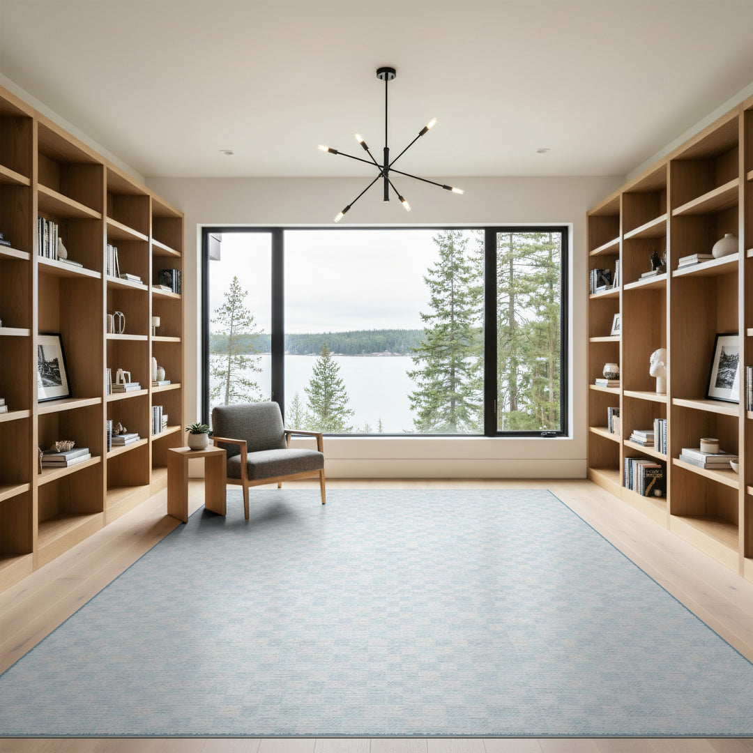 Light Blue Checkered Washable Area Rug