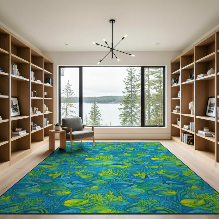 Blue and Teal Blue Fish Coral Coastal Area Rug