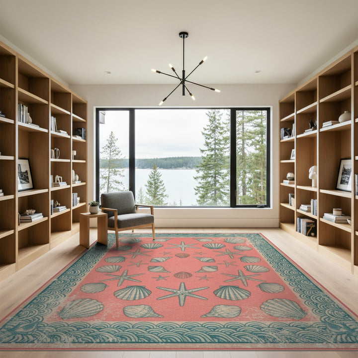Pink Coastal Seashell Starfish Area Rug