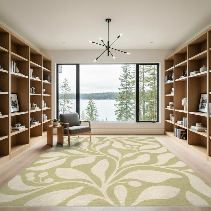 Sage Green Floral Leaf Area Rug