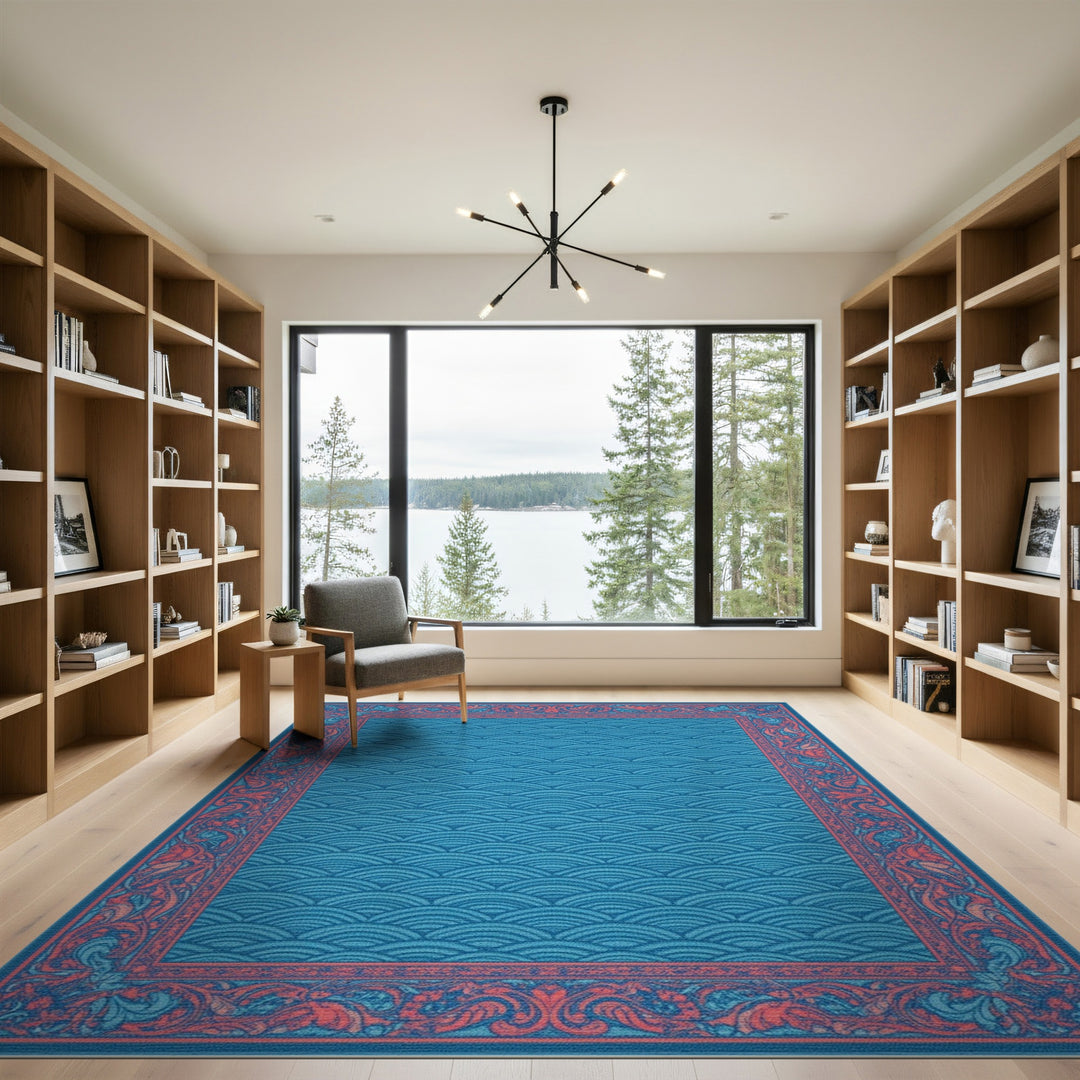 Blue Wave Floral Border Area Rug