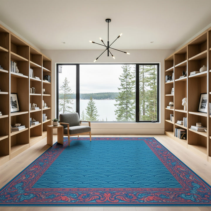 Blue Wave Floral Border Area Rug