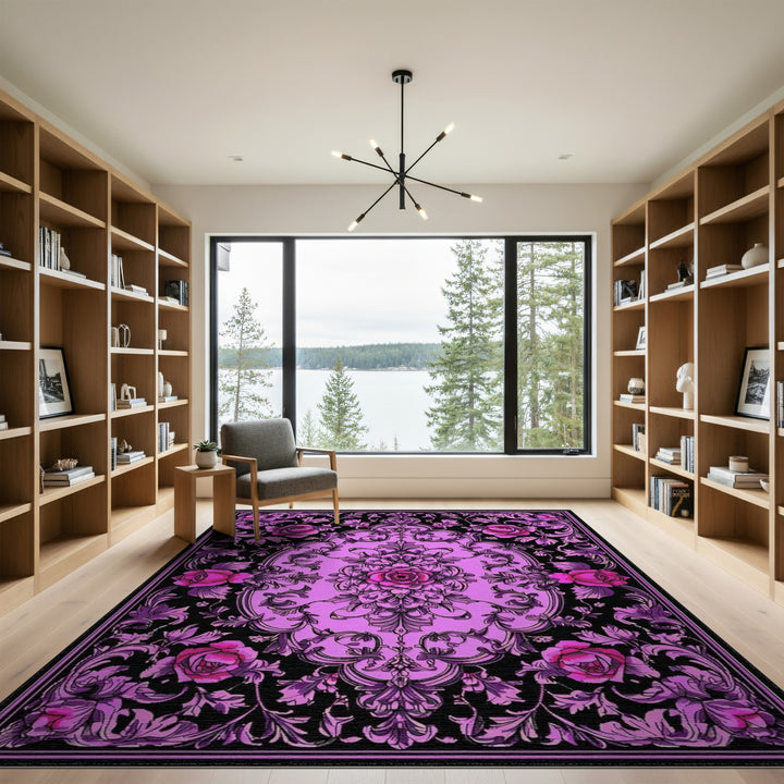 Purple Floral Vintage Area Rug with Pink Roses