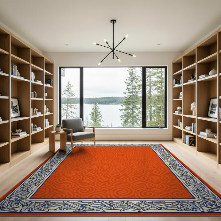 Orange Swirl Pencil Border Kids Area Rug