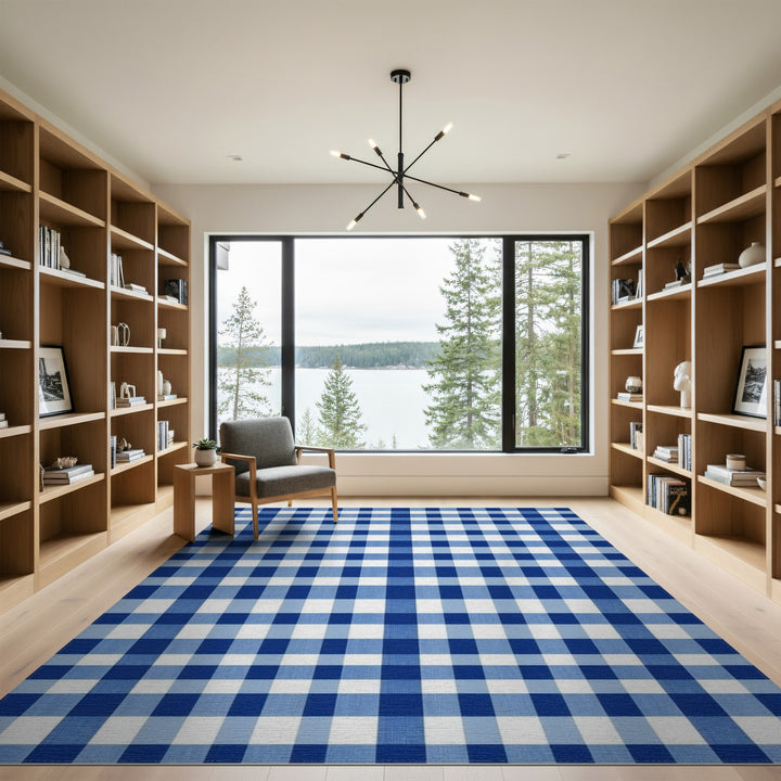 Rustic Farmhouse Blue Gingham Checkered Area Rug