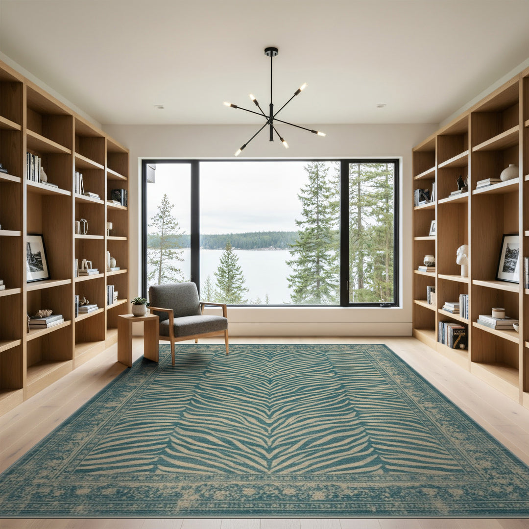 Blue Teal Zebra Stripe Distressed Vintage Area Rug