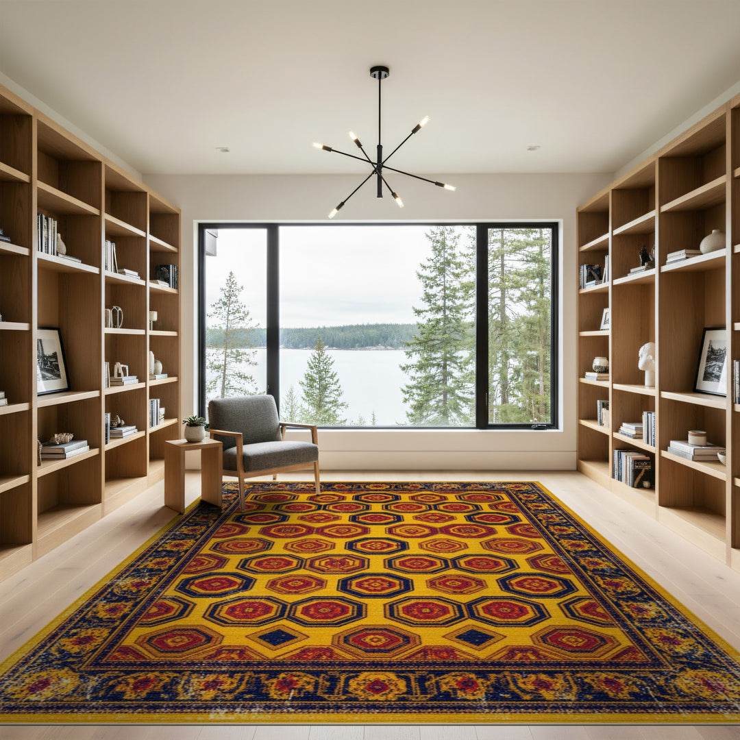 Yellow Geometric Octagon Distressed Area Rug