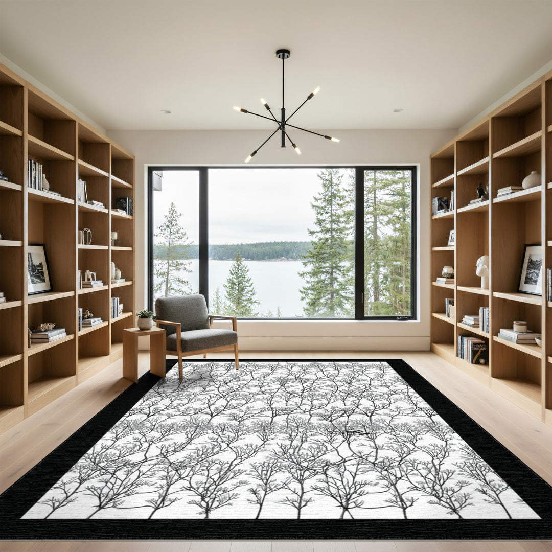 Black White Abstract Branch Area Rug