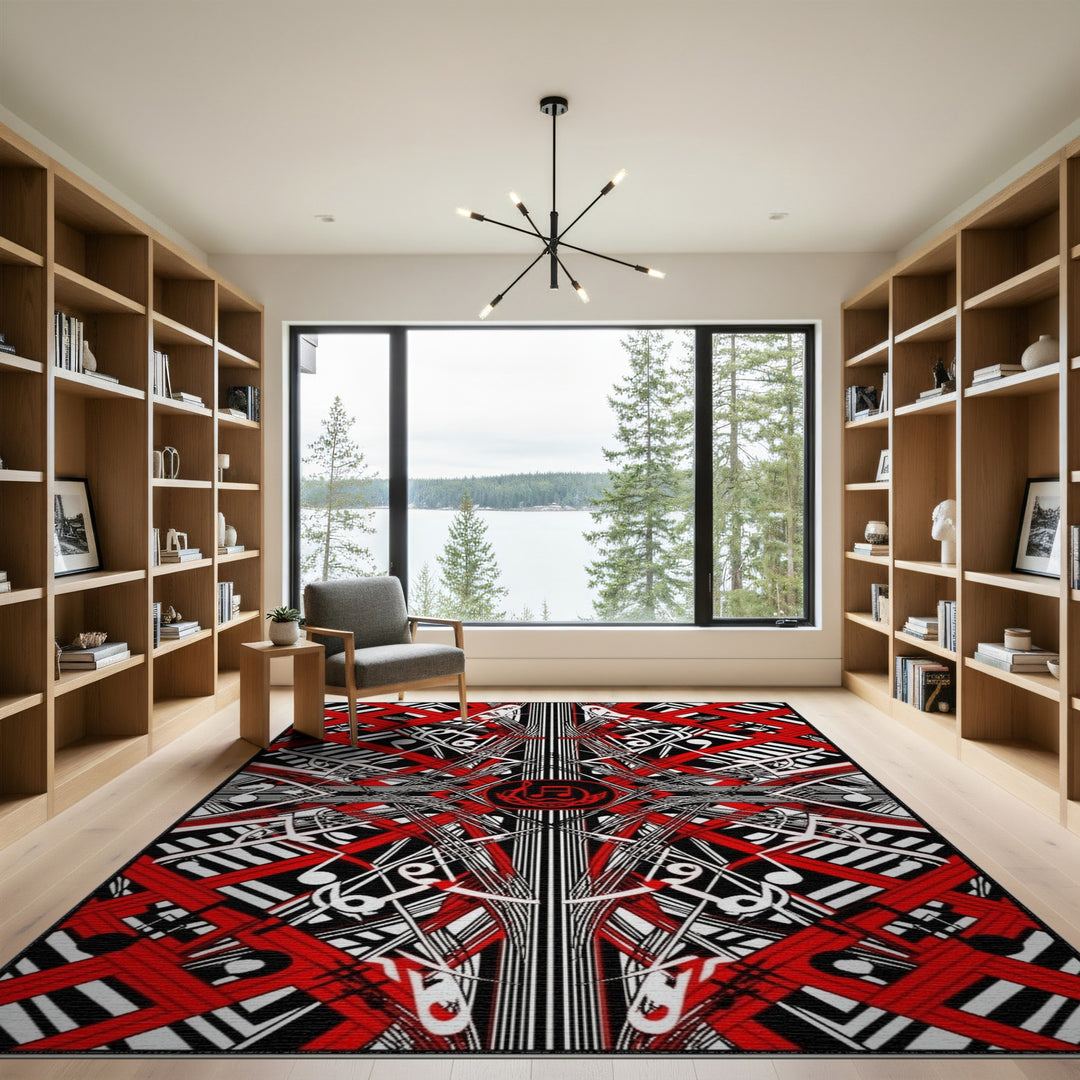 Red Music Notes Geometric Area Rug