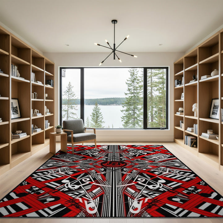 Red Music Notes Geometric Area Rug