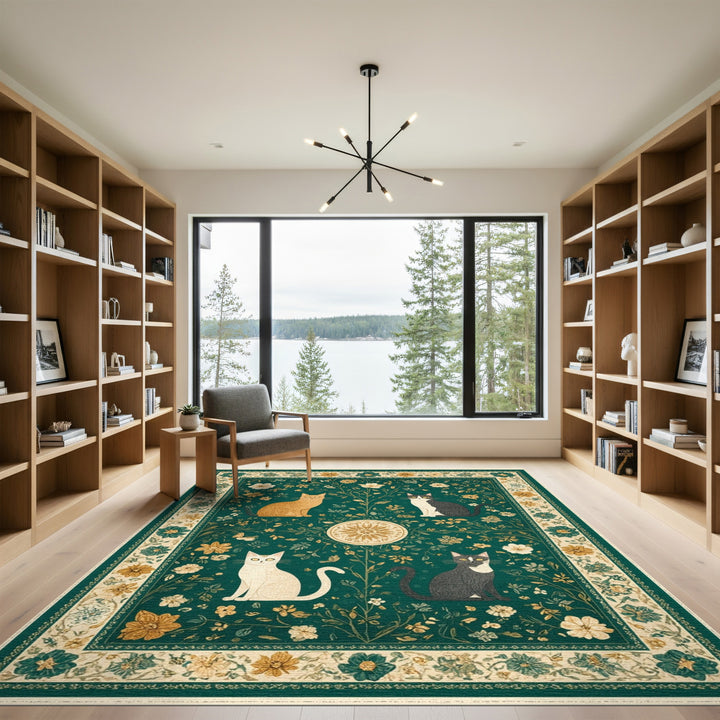Green Vintage Floral Cats Area Rug