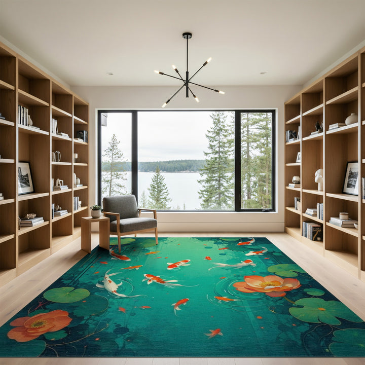 Teal Koi Lotus Pond Area Rug