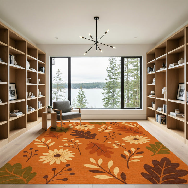 Orange Autumn Floral Area Rug with Daisies