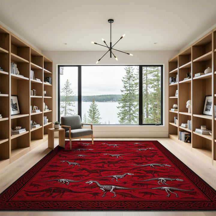 Dinosaur Skeleton Red Area Rug