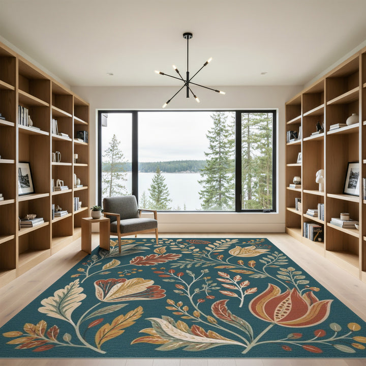 Teal Floral Vintage Washable Blue and Teal Area Rug