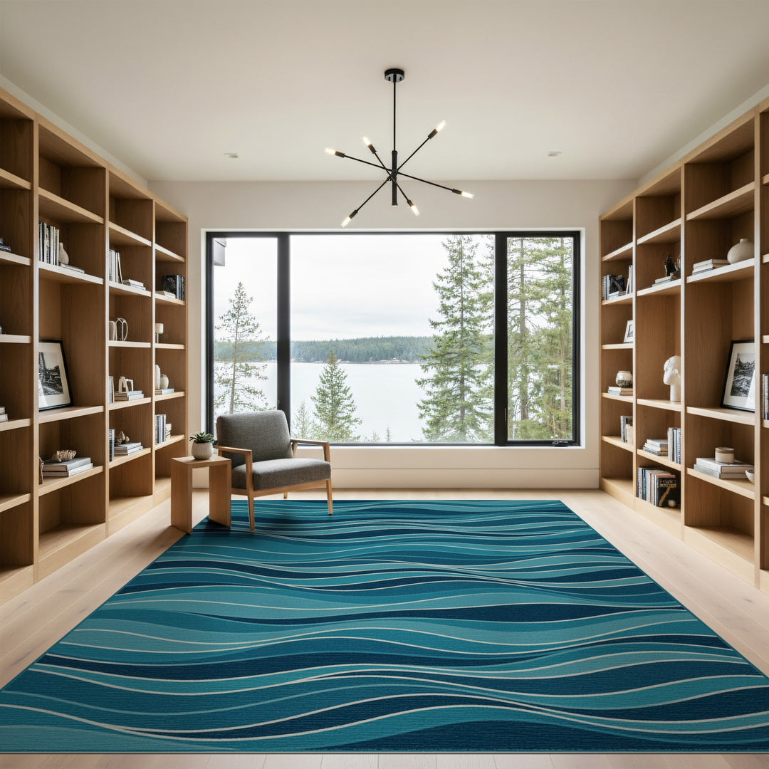 Teal Wave Blue Coastal Area Rug