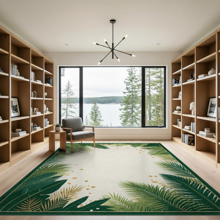 Boho Chic Green Palm Leaf Area Rug with Gold Accents