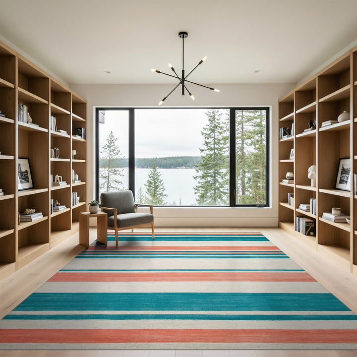 Teal Coral Striped Geometric Area Rug