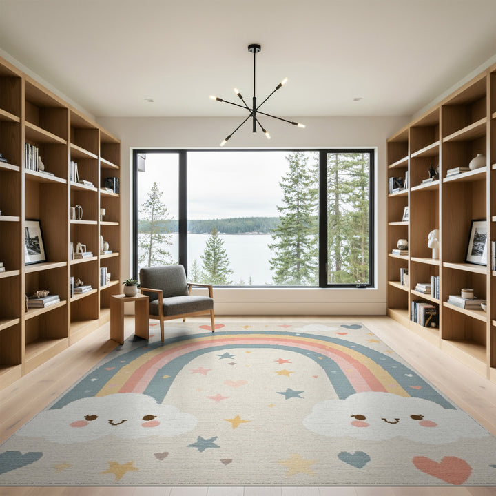 Pastel Rainbow Smiling Clouds Kids Area Rug