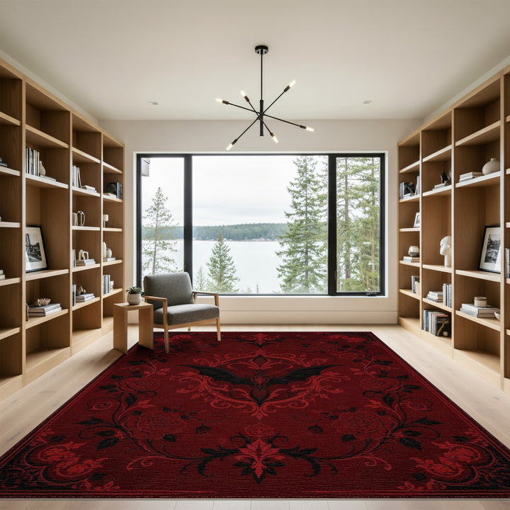 Red Gothic Rose Bat Area Rug