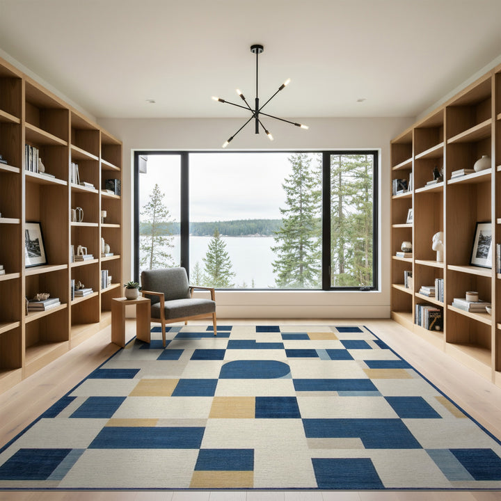 Blue Geometric Area Rug with Abstract Shapes