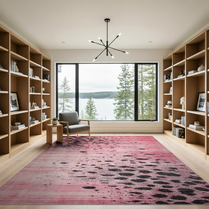 Pink Abstract Area Rug with Black Spots