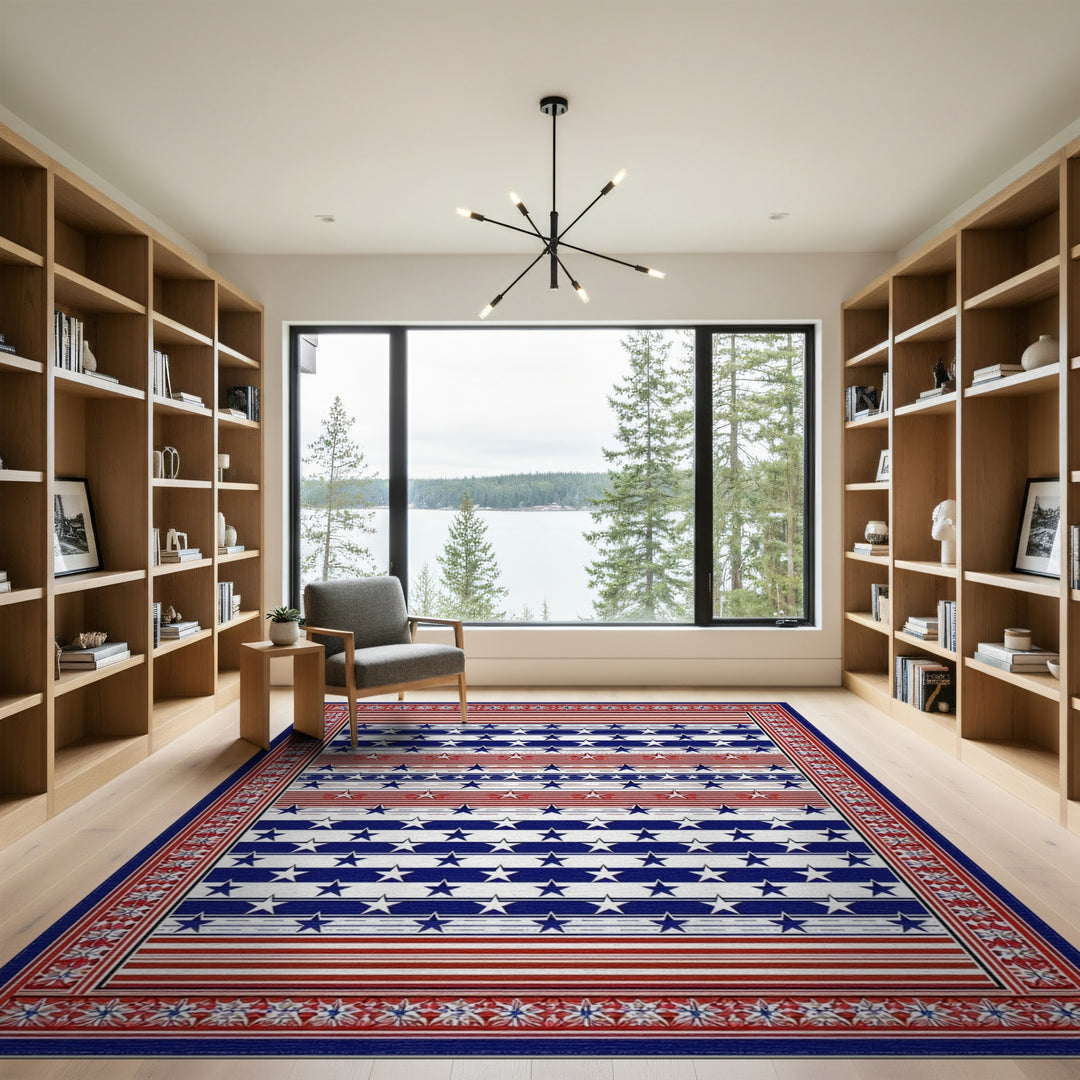Multi-color and Patterns Patriotic Stars and Stripes Washable Area Rug
