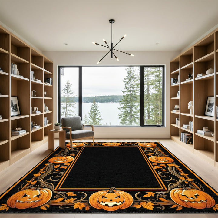 Orange Jack-o'-Lantern Pumpkin Border Area Rug