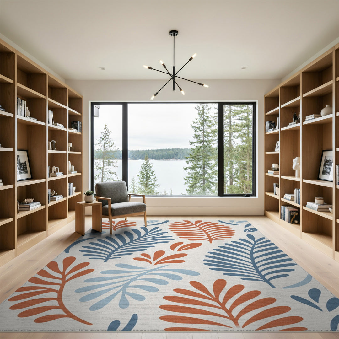 Blue and Orange Abstract Leaf Area Rug