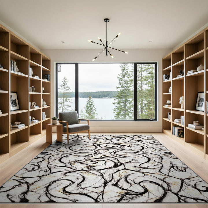 Black White Abstract Swirl Area Rug