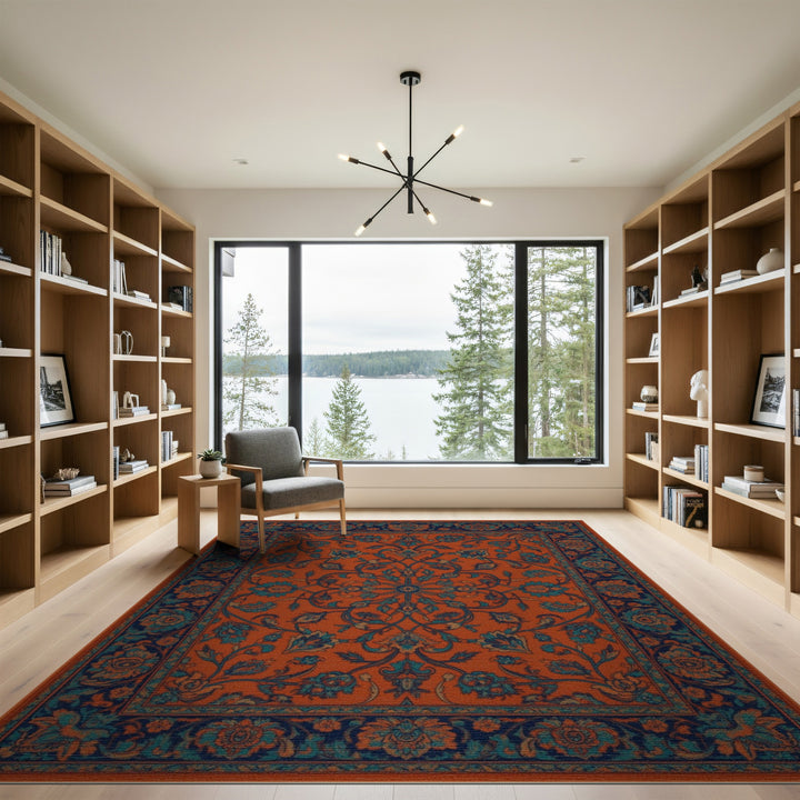 Orange Teal Persian Floral Area Rug