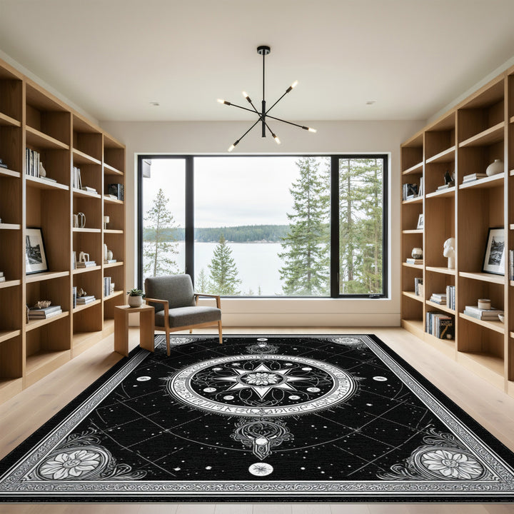 Celestial Star Medallion Black White Rug