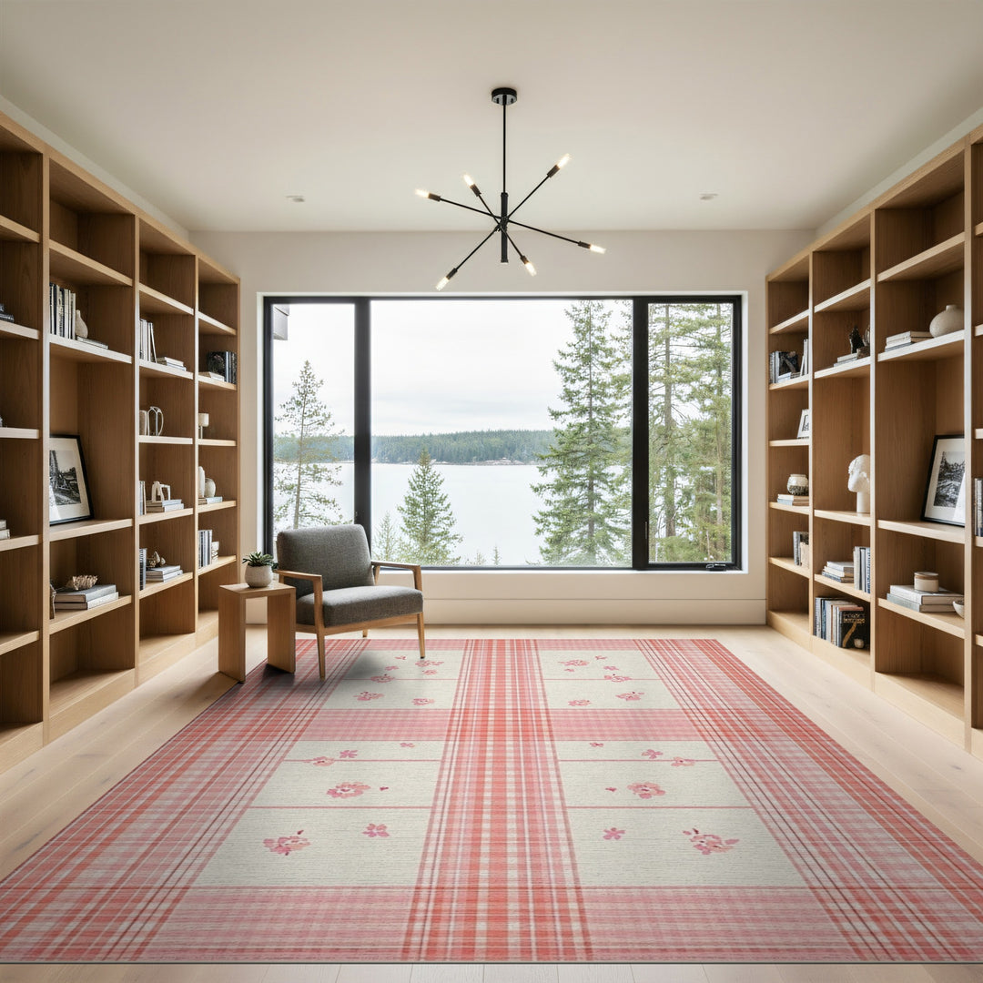 Pink Floral Gingham Area Rug